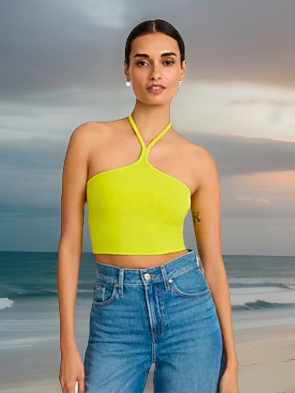Express Women’s Size Small Fitted Ribbed Halter Cropped Tank . Lime Green. NWT.